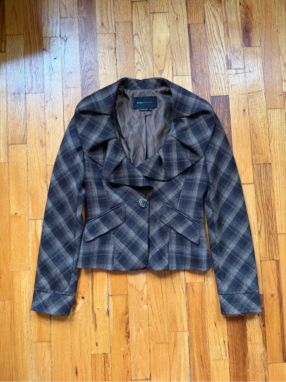 BCBGMAXAZRIA Brown Plaid Wool-Blend Cropped Jacket